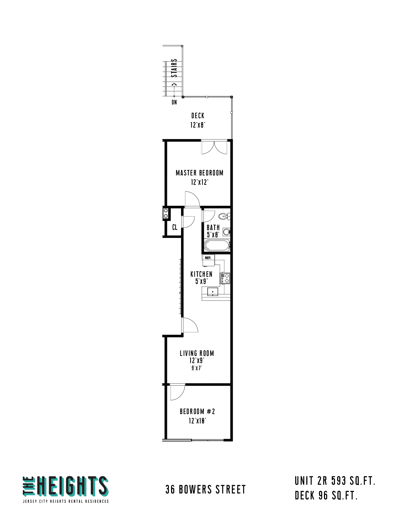 Floor plan for 2 beds, 1 bath, 593 sqft